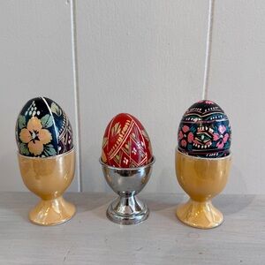 Set of 3 Vintage Wood Hand carved & painted Ukrainian Easter Eggs